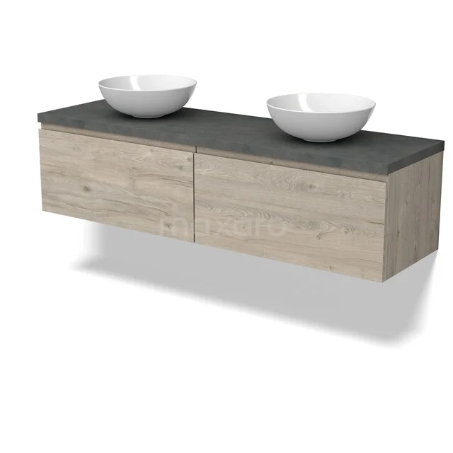 Modulo Plato Badkamermeubel voor waskom | 160 cm Lichtgrijs eiken Greeploos front Donkergrijs beton blad 2 lades naast elkaar BMK12-02181 Houten zwevend badkamermeubel met twee witte waskommen, grijs betonnen blad en softclose lades voor een moderne badkamer.