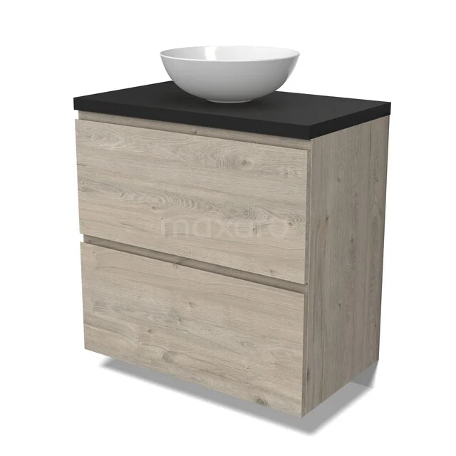 Houten badkamermeubel met wastafel, licht eiken kleur, zwart blad, strak design, ideaal voor moderne badkamers.