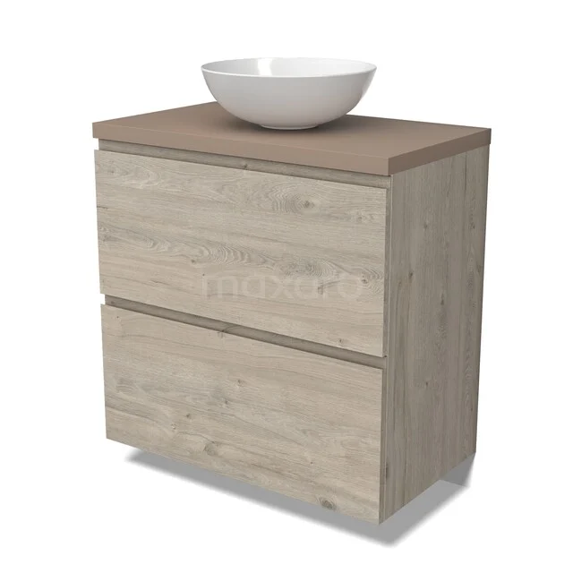 Modulo Plato Vanity units for countertop basin | 80 cm Light grey oak Handle-less front Taupe worktop 2 stacked drawers under each other BMK13-01150 Houten badkamermeubel met waskom, licht eiken afwerking, strak design en twee ruime lades voor praktische opbergruimte.
