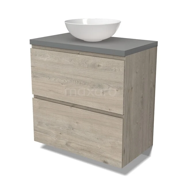 Holz Badezimmermöbel mit Aufsatzwaschbecken, Eichelook und grauer Platte, kompaktes Design mit zwei Schubladen für praktischen Stauraum.