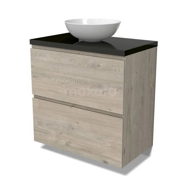 Houten badkamermeubel met twee lades en zwart blad, voorzien van witte ronde waskom, stijlvol en functioneel design.