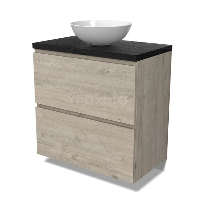 Modulo Plato Vanity units for countertop basin | 80 cm Light grey oak Handle-less front Black oak worktop 2 stacked drawers under each other BMK13-01157 Houten badkamermeubel met waskom, licht eiken afwerking, zwart blad en twee lades voor een moderne en natuurlijke look.