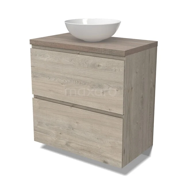 Modulo Plato Vanity units for countertop basin | 80 cm Light grey oak Handle-less front Oak worktop 2 stacked drawers under each other BMK13-01158 Houten badkamermeubel met waskom, lichte eiken-look, twee lades en modern design voor een stijlvolle badkamerinrichting.