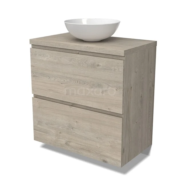 Holz-Badmöbel mit Waschbecken, helle Eichefarbe, 2 Schubladen, modernes Design. Perfekt für stilvolles Verstauen im Badezimmer.