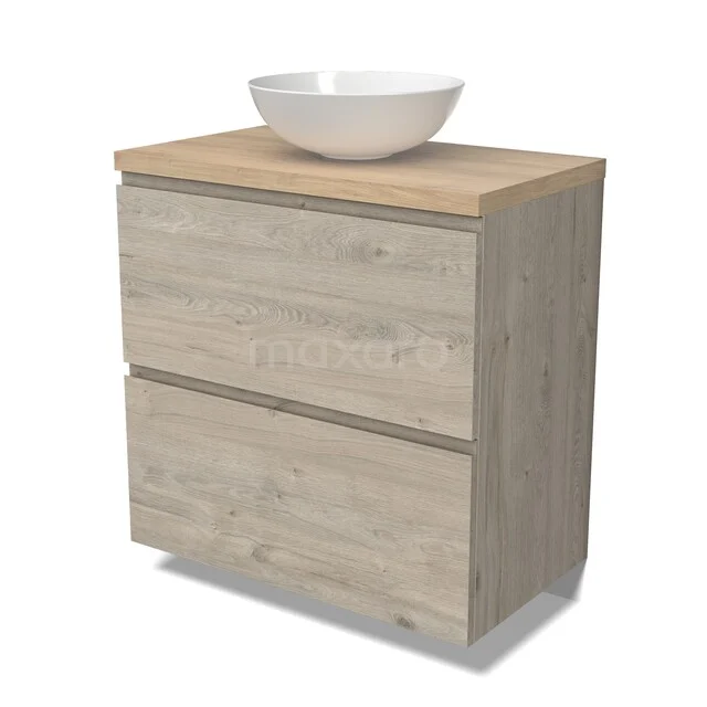 Houten badkamermeubel met twee lades en een witte waskom, moderne uitstraling, ideaal voor stijlvolle badkamerinrichting.