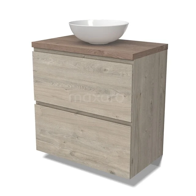 Holz Badezimmermöbel mit Aufsatzwaschbecken, hell Eichenholz, 2 Schubladen, kompaktes Design, ideal für moderne Badezimmergestaltung.