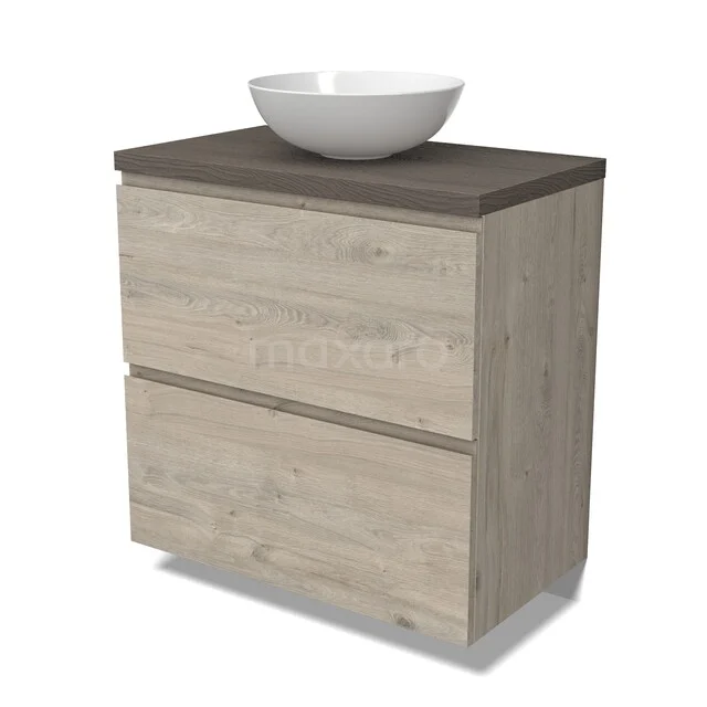 Modulo Plato Badkamermeubel voor waskom | 80 cm Lichtgrijs eiken Greeploos front Donkerbruin eiken blad 2 hoge lades onder elkaar BMK13-01162 Houten badkamermeubel met modern wastafelblad, licht eiken look, twee lades en keramische kom, ideaal voor een stijlvolle badkamer.