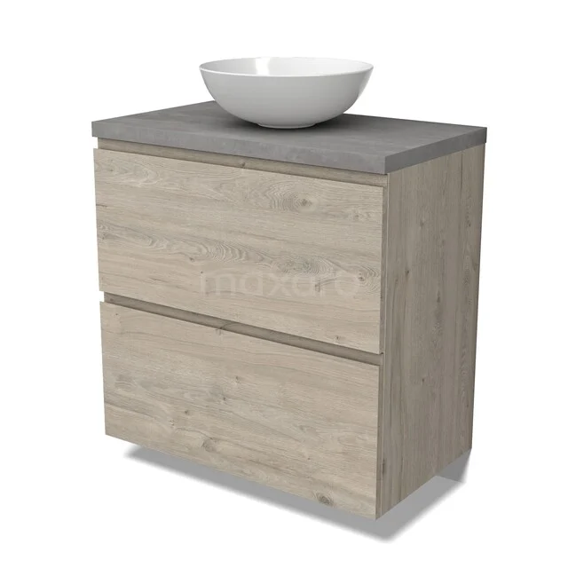 Modulo Plato Vanity units for countertop basin | 80 cm Light grey oak Handle-less front Light grey concrete worktop 2 stacked drawers under each other BMK13-01165 Houten badkamermeubel met wastafel, licht eiken kleur, grijs blad, twee lades. Modern design voor stijlvolle badkamers.