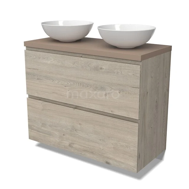 Modulo Plato Vanity units for countertop basin | 100 cm Light grey oak Handle-less front Taupe worktop 2 stacked drawers under each other BMK13-01168 Houten badkamermeubel met twee lades, natuurlijk eikenlook en dubbele witte waskommen, perfect voor moderne badkamers.