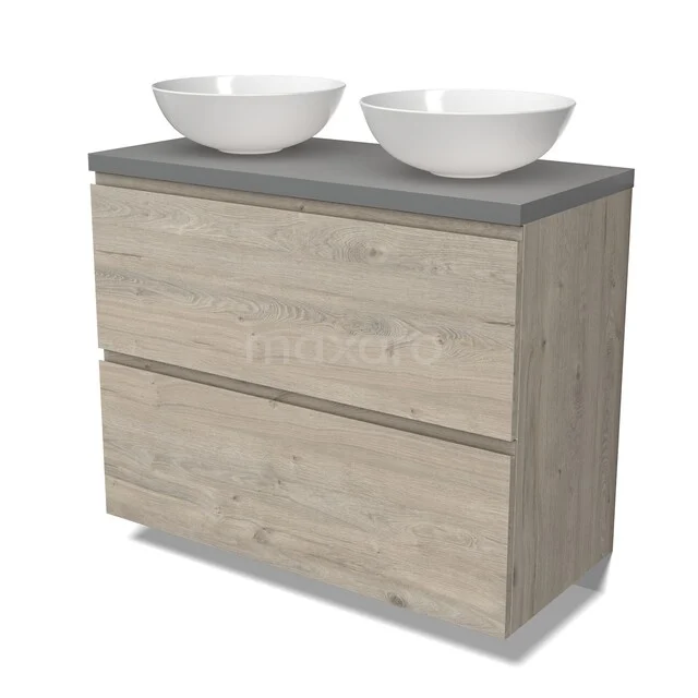 Modulo Plato Badkamermeubel voor waskom | 100 cm Lichtgrijs eiken Greeploos front Middengrijs blad 2 hoge lades onder elkaar BMK13-01169 Houten badkamermeubel met twee lades, grijs blad en dubbele witte waskommen, perfect voor een moderne badkamerstijl.