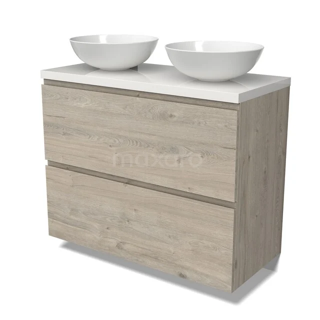 Modulo Plato Vanity units for countertop basin | 100 cm Light grey oak Handle-less front High-gloss white worktop 2 stacked drawers under each other BMK13-01170 Houten badkamermeubel met twee lades, dubbele witte waskommen en blad van keramiek, modern ontwerp voor elke badkamerstijl.