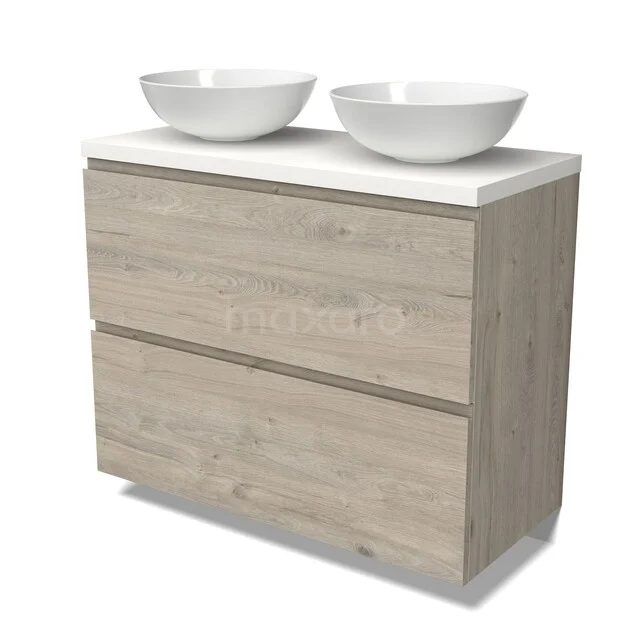 Holz Badezimmermöbel mit heller Eiche Oberflächenbehandlung, doppelten weißen Waschbecken und zwei geräumigen Schubladen, ideal für Badezimmerlagerung.