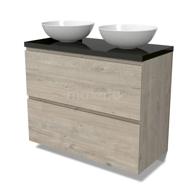 Modulo Plato Badkamermeubel voor waskom | 100 cm Lichtgrijs eiken Greeploos front Hoogglans zwart blad 2 hoge lades onder elkaar BMK13-01173 Eiken badkamermeubel met zwarte bovenblad en dubbele witte waskommen, modern design met twee ruime lades.