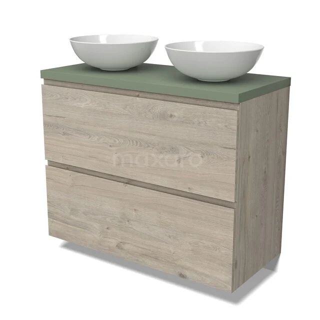 Holz Badezimmermöbel mit zwei Schubladen, grüner Waschtischplatte und doppelten weißen Aufsatzwaschbecken, modernes und funktionales Design.