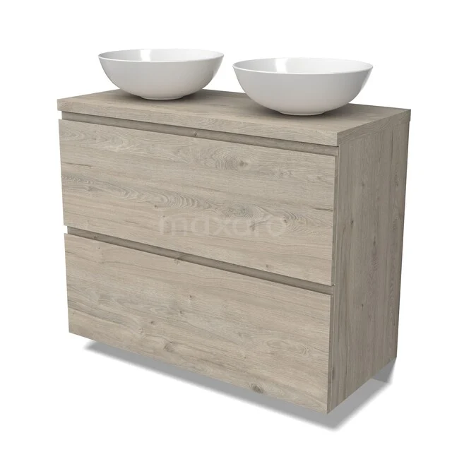 Waschbeckenmöbel Modulo BMK13-01177 Lichtes Holz Badezimmermöbel mit zwei weißen Aufsatzwaschbecken, strakes Design, geeignet für moderne Bäder.