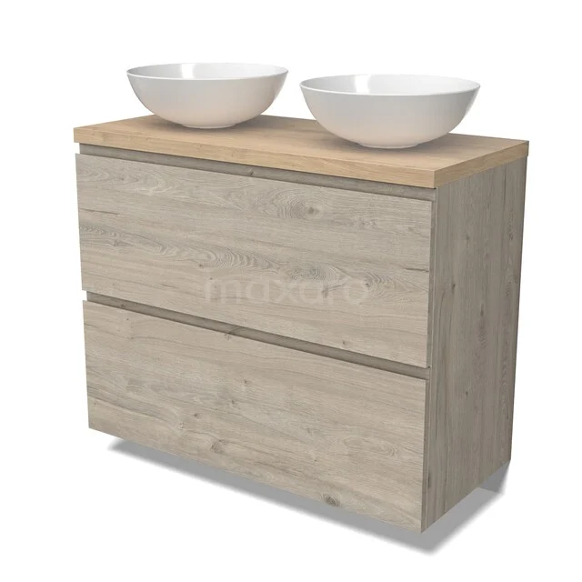 Modulo Plato Badkamermeubel voor waskom | 100 cm Lichtgrijs eiken Greeploos front Lichtbruin eiken blad 2 hoge lades onder elkaar BMK13-01178 Houten badkamermeubel met twee lades, natuurhouten afwerking en dubbele witte waskommen, modern design voor de badkamer.