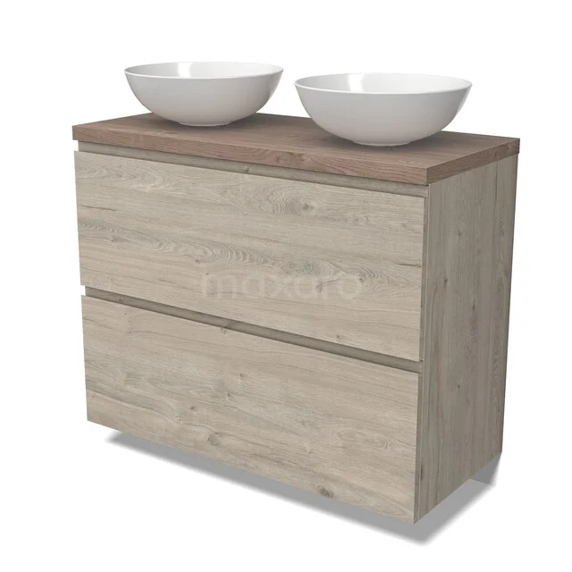 Modulo Plato Vanity units for countertop basin | 100 cm Light grey oak Handle-less front Mid brown oak worktop 2 stacked drawers under each other BMK13-01179 Houten badkamermeubel met twee witte waskommen, licht eiken afwerking en subtiele houtnerf voor een natuurlijke uitstraling.
