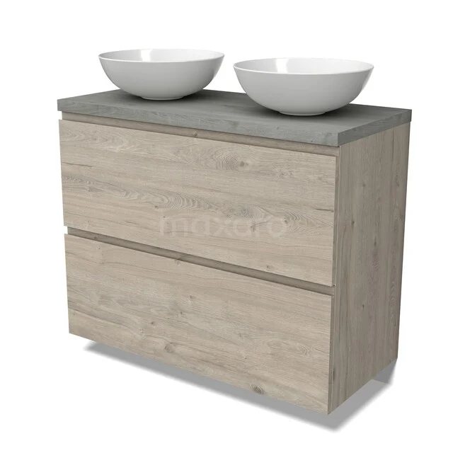 Hölzernes Badezimmermöbel mit zwei Schubladen, grauem Kompositplatte und doppelten weißen Aufsatzwaschbecken, ideal für moderne Bäder.