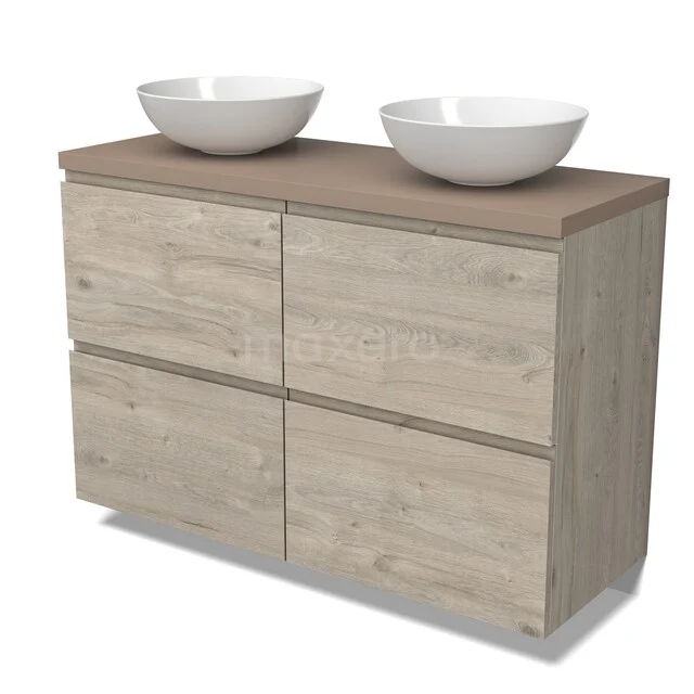 Modulo Plato Badkamermeubel voor waskom | 120 cm Lichtgrijs eiken Greeploos front Taupe blad 4 hoge lades BMK14-00907 Houten badkamermeubel met dubbele witte waskommen, moderne uitstraling, ideaal voor stijlvolle badkamerinrichting.
