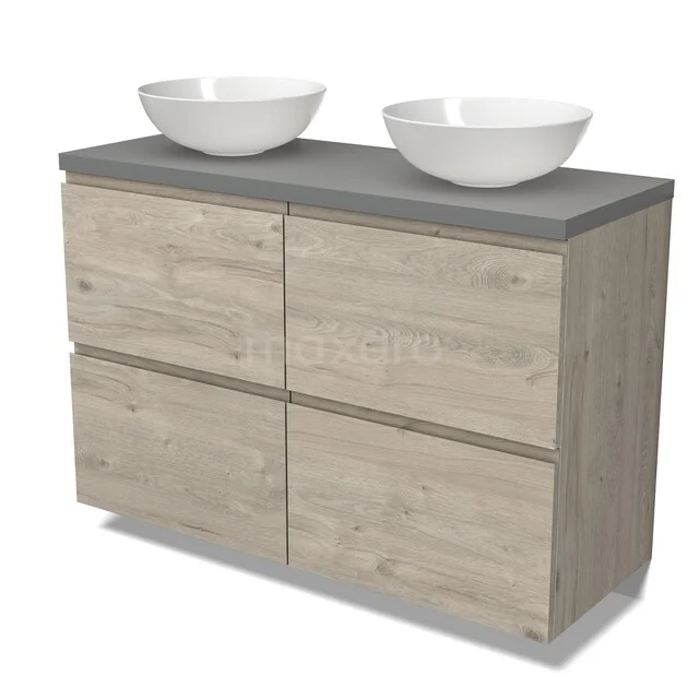 Houten badkamermeubel met grijs blad, dubbele wastafel en modern design; ideaal voor een stijlvolle en functionele badkamer.