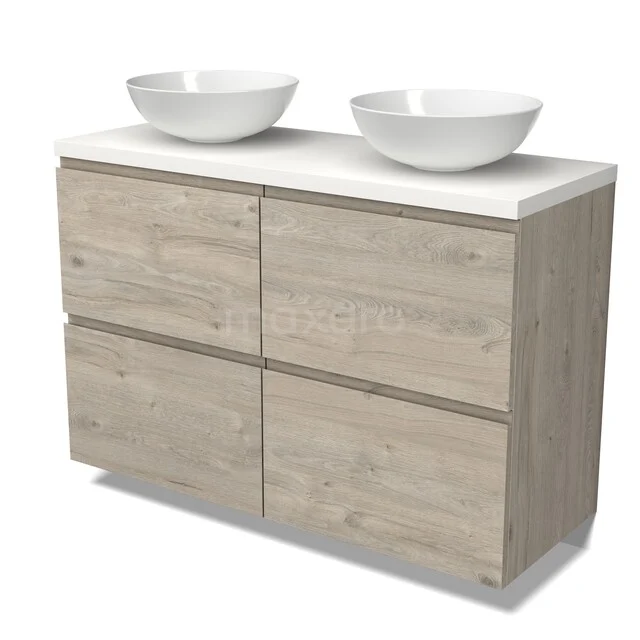 Houten badkamermeubel met dubbele wasbak, licht eikenhout-look, moderne zwevende stijl, ideaal voor een stijlvolle badkamer.