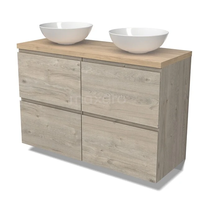 Hölzernes Badezimmermöbel mit zwei weißen Aufsatzwaschbecken, moderne Ausstrahlung, helles Eichen-Finish, ideal für stilvolle Bäder.