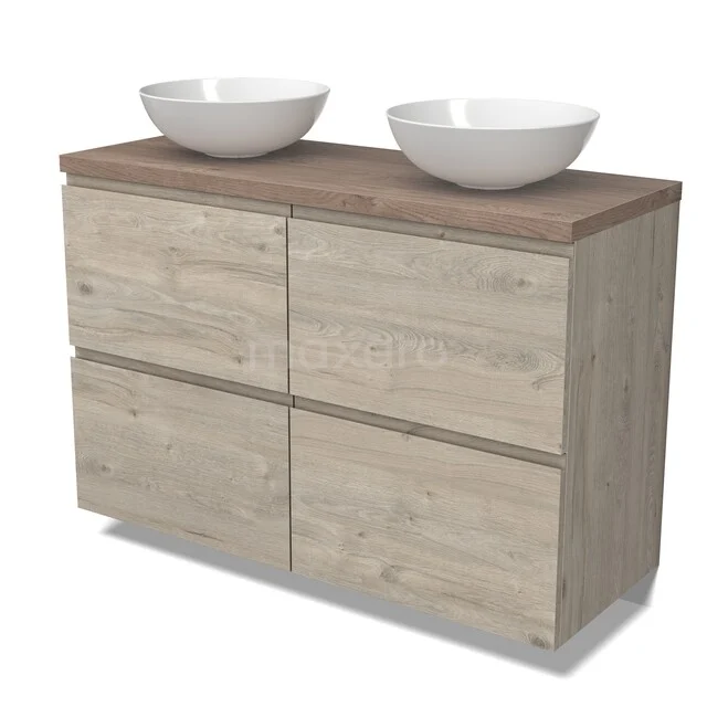 Holz-Waschtisch mit vier Schubladen, heller Eiche-Optik, doppelte keramische Aufsatzwaschbecken, perfekt für ein modernes Badezimmer.