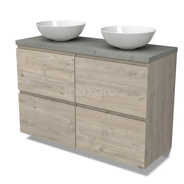 Waschbeckenmöbel Modulo BMK14-00919 Holz-Badmöbel mit Doppelwaschbecken, heller Eiche-Optik, vier Schubladen und einer Beton-Optik Platte für einen modernen Badezimmerstil.