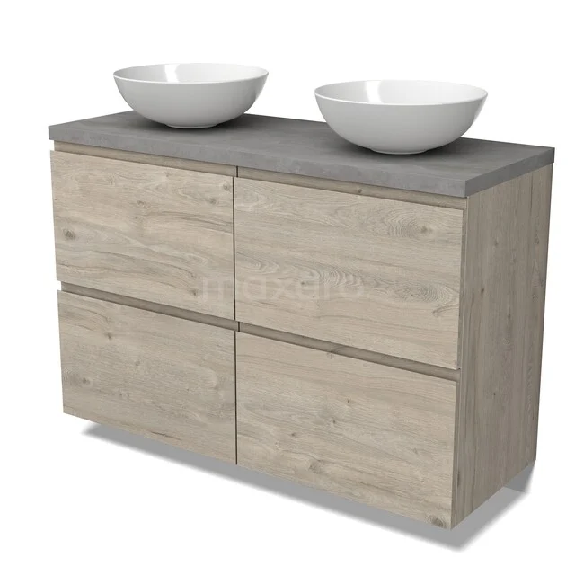 Holz-Badmöbel mit doppelten Aufsatzwaschbecken, graue Betonplatte, vier Schubladen, modernes Design, ideal für trendige Bäder.