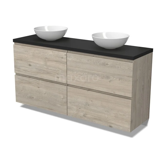 Holz Badezimmermöbel mit zwei weißen keramischen Aufsatzwaschbecken, schwarzer Platte und vier Schubladen, modernes Design.