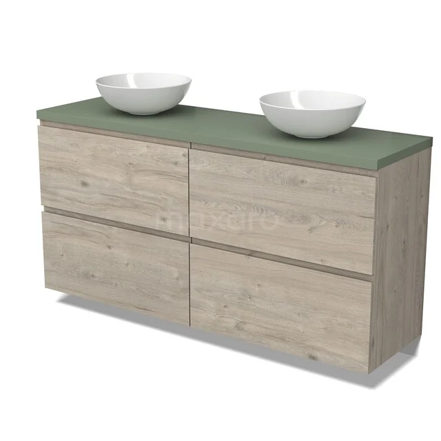 Houten badkamermeubel met groene blad en dubbele witte waskommen, moderne stijl, ideaal voor een luxe badkamer.