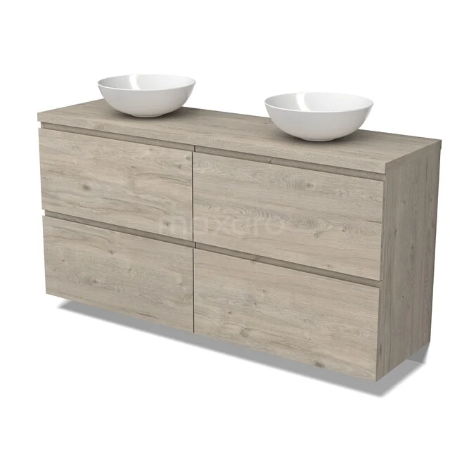 Holz Badezimmermöbel mit doppeltem Aufsatzwaschbecken, heller Eiche-Oberfläche und schlankem, modernem Erscheinungsbild.