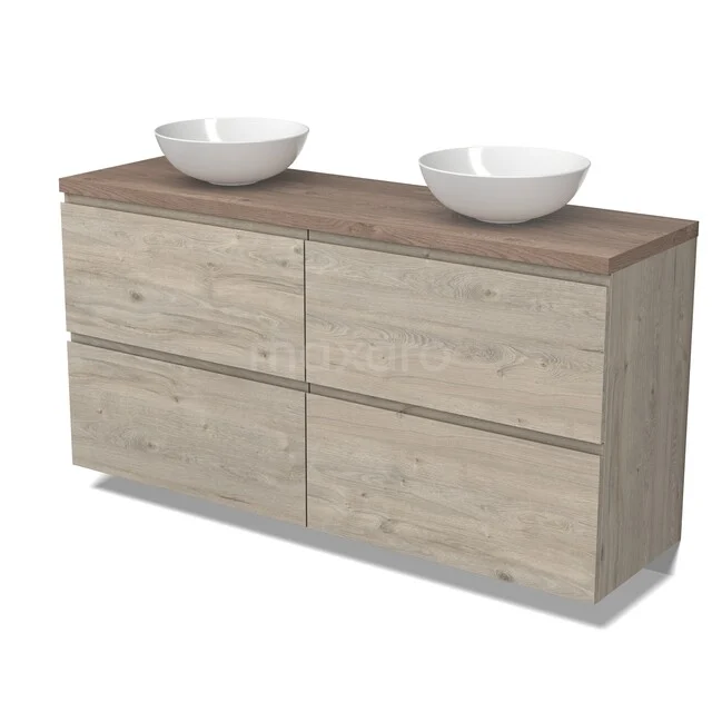 Modulo Plato Badmöbel mit Aufsatzwaschbecken | 160 cm Hellgraue Eiche Grifflos front Mittelbraune Eiche blatt 4 hohe Schubladen BMK14-00934 Holz Badezimmermöbel mit doppelten Aufsatzwaschbecken, skandinavisches Design, helle Eicheoptik und sauber verarbeitetes Platte.