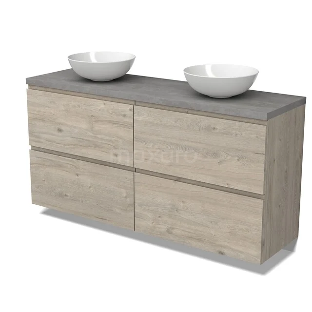 Houten badkamermeubel met licht eiken look, dubbele wastafel en grijze bovenplaat, ideaal voor moderne badkamers.