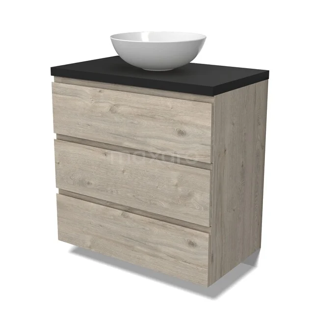 Houten badkamermeubel met lichte eikenlook, zwarte bovenblad en witte waskom, ideaal voor een moderne badkamer uitstraling.