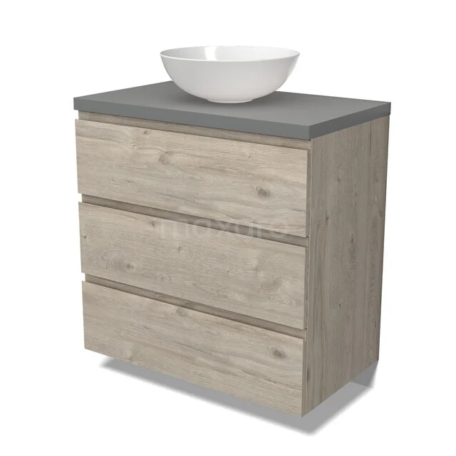 Modulo Plato Vanity units for countertop basin | 80 cm Light grey oak Handle-less front Mid grey worktop 3 drawers BMK19-01728 Houten badkamermeubel met een grijs blad en een witte keramische waskom, modern design met drie lades.