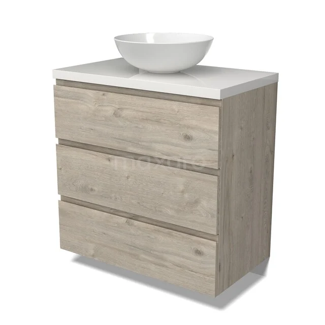 Holz Badezimmermöbel mit drei Schubladen und weißem Aufsatzwaschbecken, hergestellt aus hellem Eiche-Furnier für ein modernes und natürliches Erscheinungsbild.