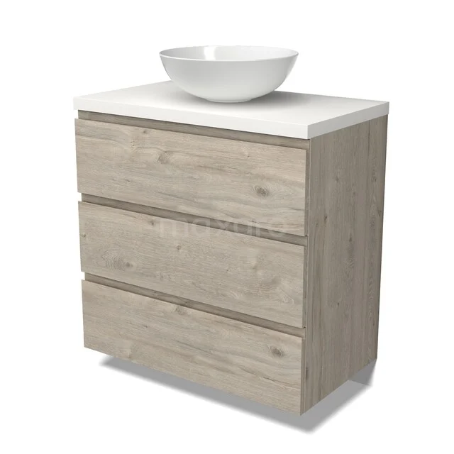 Modulo Plato Badmöbel mit Aufsatzwaschbecken | 80 cm Hellgraue Eiche Grifflos front Matt Weiß blatt 3 Schubladen BMK19-01730 Holz-Badmöbel mit Waschbecken, helle Eichen-Oberfläche, drei Schubladen und modernes Design, ideal für ein stilvolles Badezimmer.