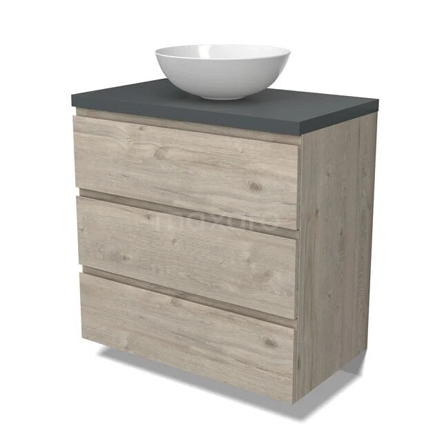 Waschbeckenmöbel Modulo BMK19-01731 Hölzerner Badschrank mit anthrazit Platte, drei Schubladen und einem weißen Aufsatzwaschbecken; modernes Design und praktisch für Badezimmerlagerung.