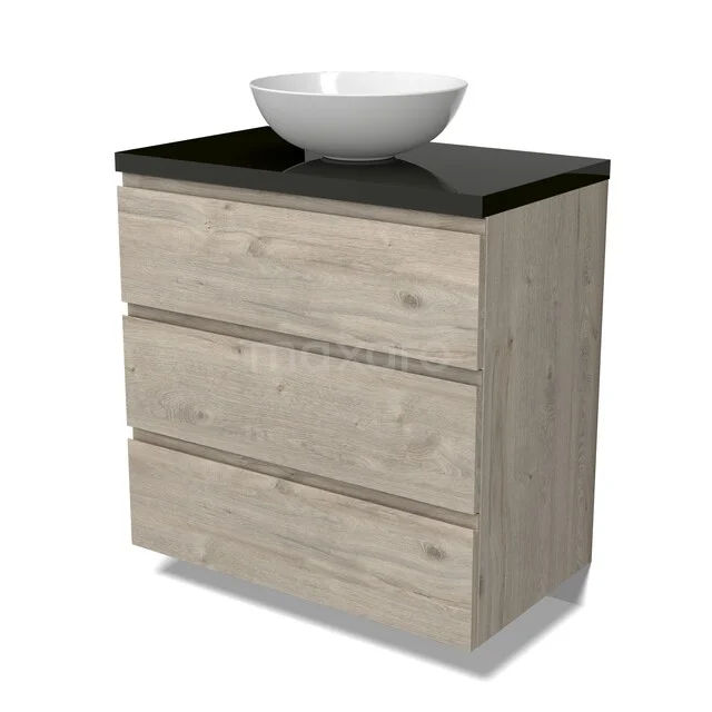 Modulo Plato Badkamermeubel voor waskom | 80 cm Lichtgrijs eiken Greeploos front Hoogglans zwart blad 3 lades BMK19-01732 Houten badkamermeubel met drie lades, zwart werkblad en witte waskom; moderne stijl voor een stijlvolle badkamer.