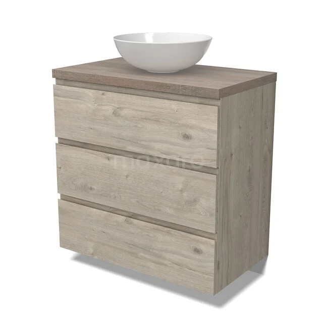 Modulo Plato Badkamermeubel voor waskom | 80 cm Lichtgrijs eiken Greeploos front Eiken blad 3 lades BMK19-01735 Houten badkamermeubel met drie lades en een witte keramische wastafel, modern ontwerp voor stijlvolle badkamerinrichting.