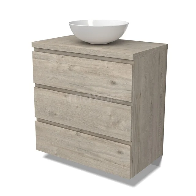 Modulo Plato Vanity units for countertop basin | 80 cm Light grey oak Handle-less front Light grey oak worktop 3 drawers BMK19-01736 Houten badkamermeubel met 3 lades in naturel eiken look, met een witte opbouw wastafel bovenop.