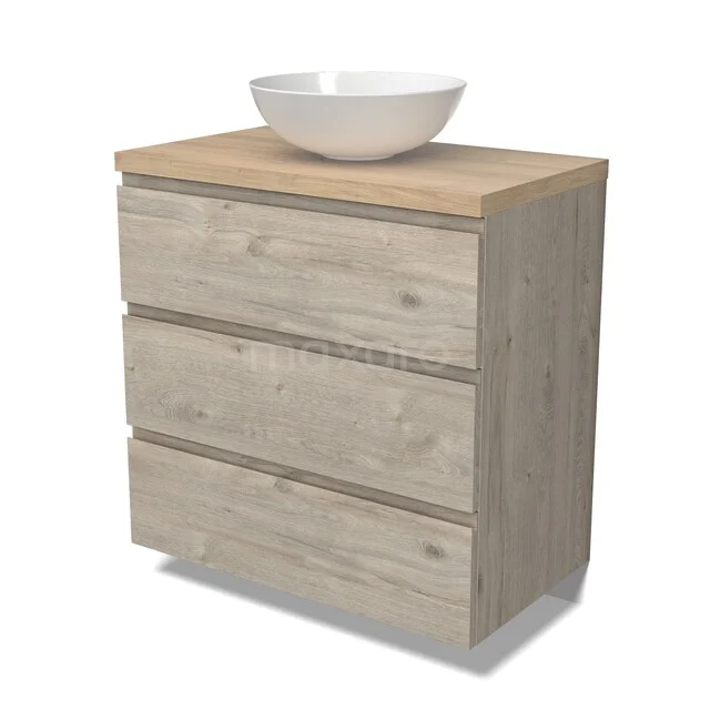 Modulo Plato Badkamermeubel voor waskom | 80 cm Lichtgrijs eiken Greeploos front Lichtbruin eiken blad 3 lades BMK19-01737 Houten ladekast badkamermeubel met drie lades en witte wastafelkom, stijlvol en functioneel voor moderne badkamers.