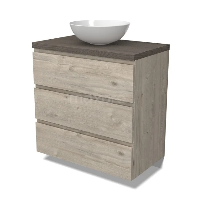 Modulo Plato Badkamermeubel voor waskom | 80 cm Lichtgrijs eiken Greeploos front Donkerbruin eiken blad 3 lades BMK19-01739 Houten badkamermeubel met licht eiken finish, donkere bovenkant en geïntegreerde witte waskom.
