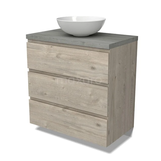 Modulo Plato Vanity units for countertop basin | 80 cm Light grey oak Handle-less front Grey oak worktop 3 drawers BMK19-01740 Houten badkamermeubel met drie lades, betonlook blad en ronde witte waskom, perfect voor een moderne badkamerinrichting.