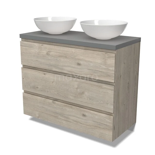 Modulo Plato Vanity units for countertop basin | 100 cm Light grey oak Handle-less front Mid grey worktop 3 drawers BMK19-01746 Houten badkamermeubel met drie lades, grijs betonnen blad en twee witte waskommen, ideaal voor een moderne badkamer.