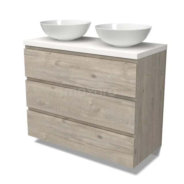 Modulo Plato Badkamermeubel voor waskom | 100 cm Lichtgrijs eiken Greeploos front Mat wit blad 3 lades BMK19-01748 Houten badkamermeubel met ladekast in licht eiken, dubbele opzetwastafels in wit keramiek, ruimtebesparend design.