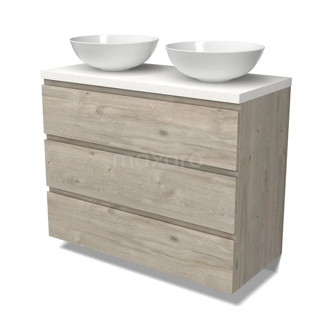 Holz Badezimmermöbel mit Schublade in heller Eiche, doppelte Aufsatzwaschbecken in weißer Keramik, platzsparendes Design.