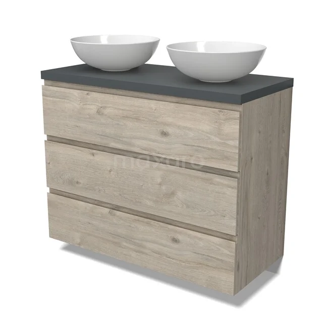 Modulo Plato Vanity units for countertop basin | 100 cm Light grey oak Handle-less front Dark grey worktop 3 drawers BMK19-01749 Badkamermeubel houtlook met zwart werkblad en twee witte waskommen, moderne uitstraling voor stijlvolle badkamers.