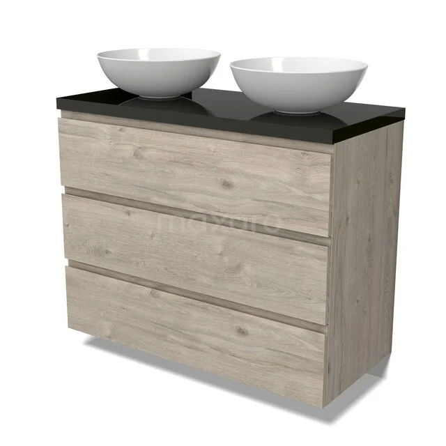 Modulo Plato Vanity units for countertop basin | 100 cm Light grey oak Handle-less front High-gloss black worktop 3 drawers BMK19-01750 Houten badkamermeubel met drie lades, zwarte bovenplaat en twee ronde witte waskommen, ideaal voor stijlvolle badkamers.
